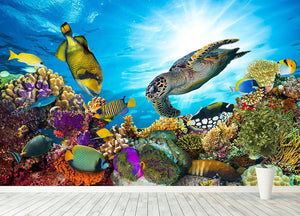 Reef with many fishes and sea turtle Wall Mural Wallpaper - Canvas Art Rocks - 4
