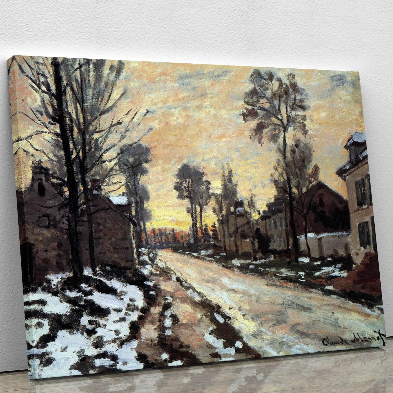 Road to Louveciennes melting snow children sunset by Monet Canvas Print or Poster