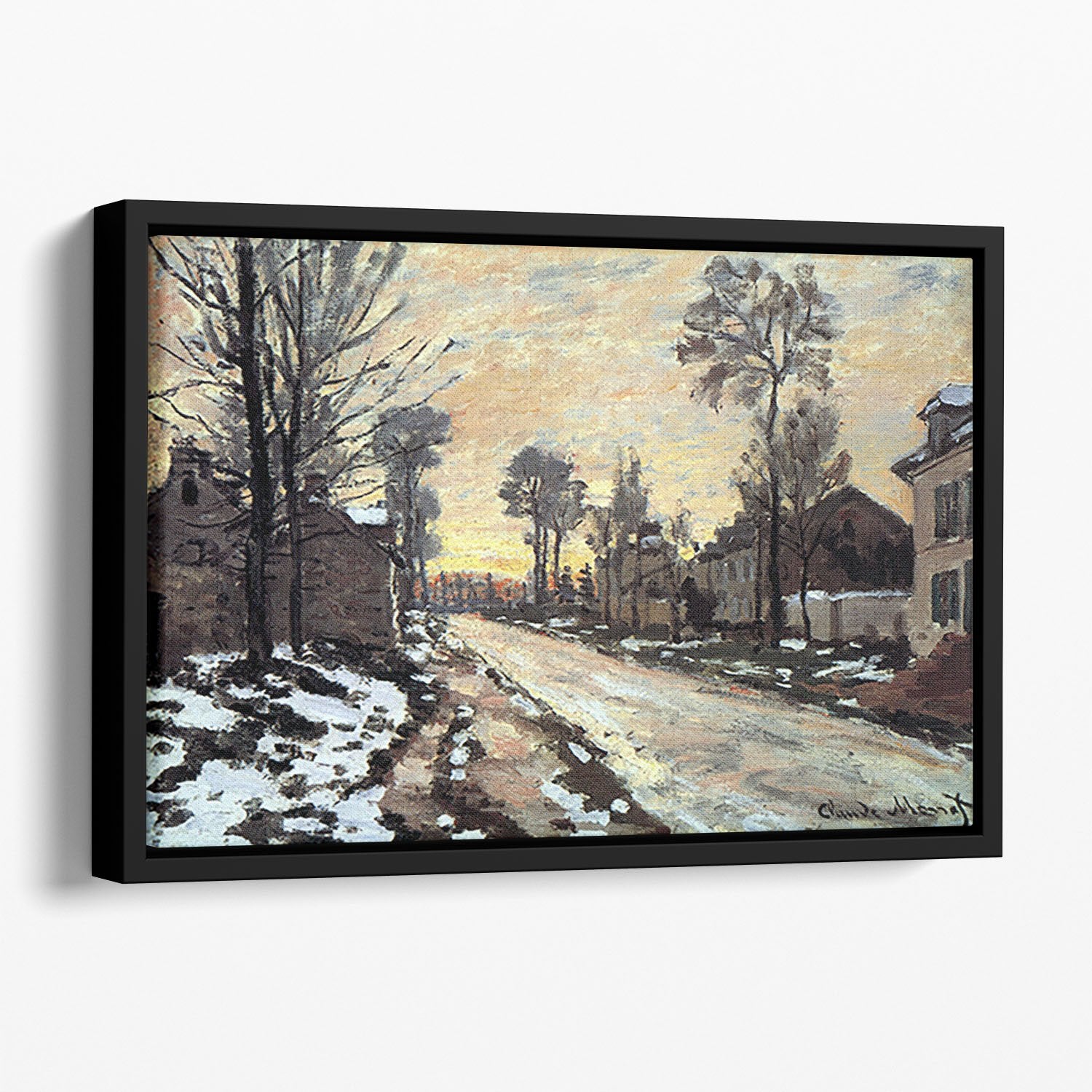 Road to Louveciennes melting snow children sunset by Monet Floating Framed Canvas