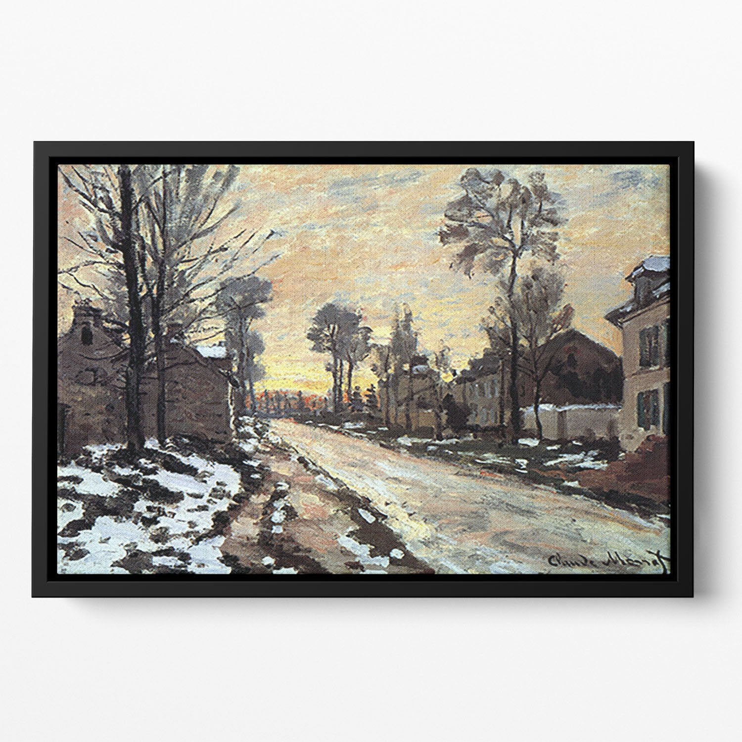 Road to Louveciennes melting snow children sunset by Monet Floating Framed Canvas