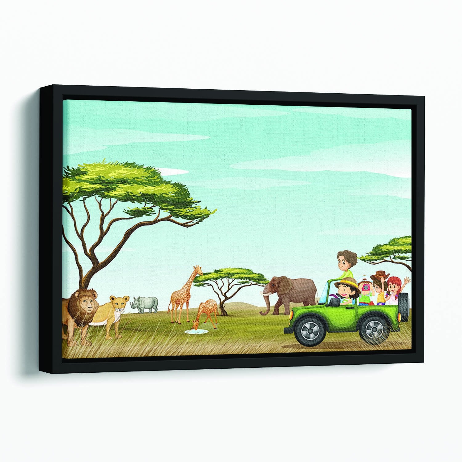Roadtrip in the field full of animals Floating Framed Canvas