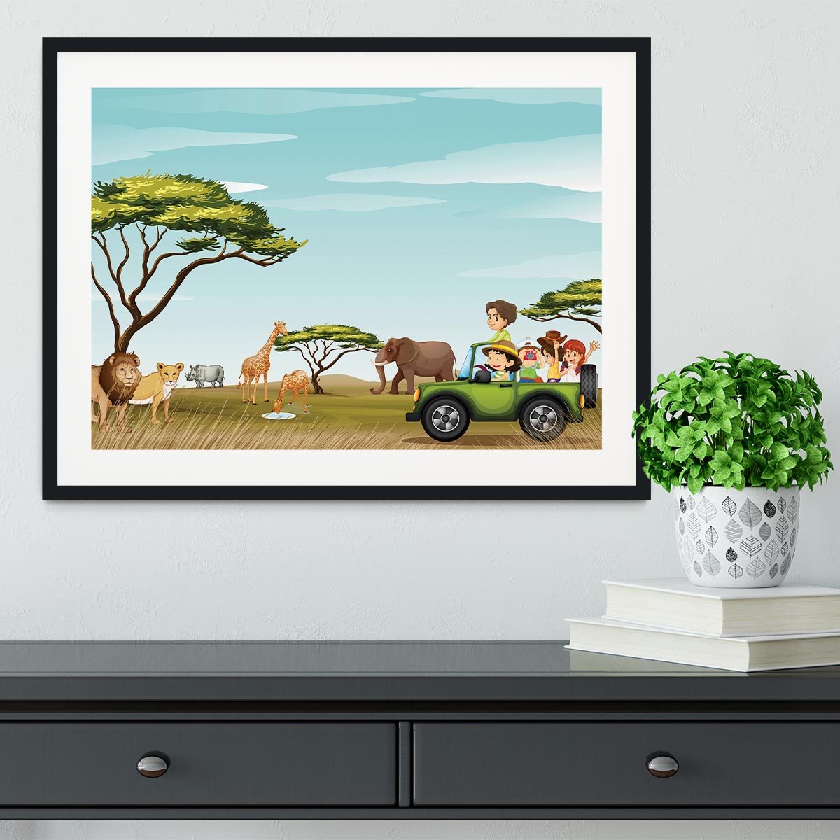 Roadtrip in the field full of animals Framed Print - Canvas Art Rocks - 1