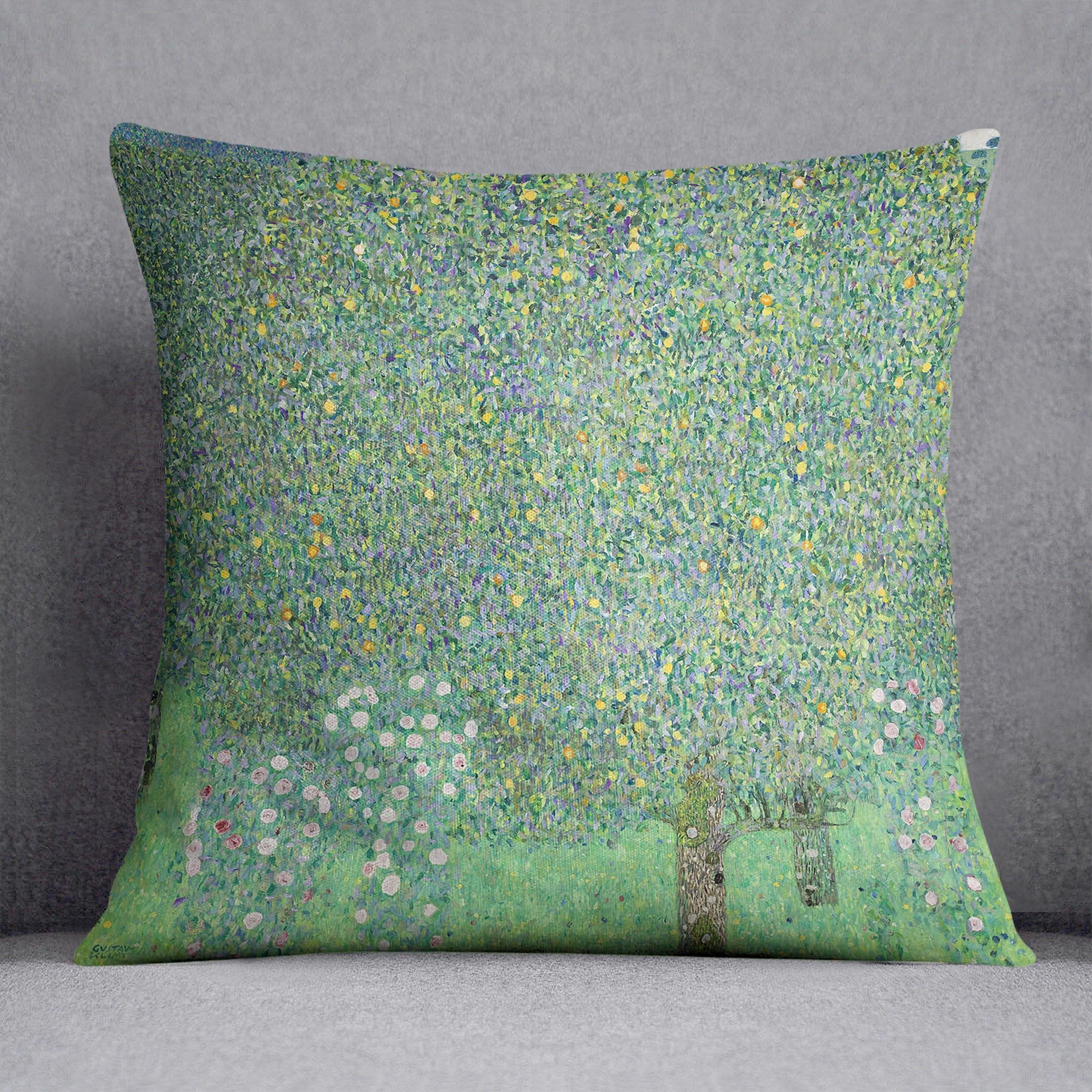 Rose bushes under the Trees by Klimt Throw Pillow