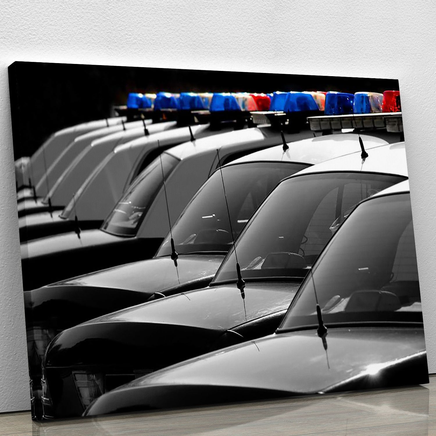 Row of Police Cars with Blue and Red Lights Canvas Print or Poster