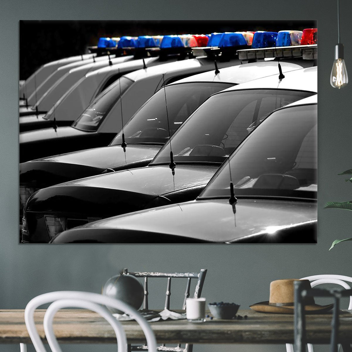 Row of Police Cars with Blue and Red Lights Canvas Print or Poster