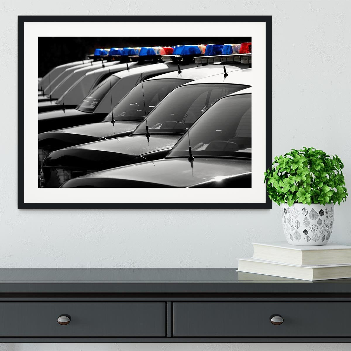 Row of Police Cars with Blue and Red Lights Framed Print - Canvas Art Rocks - 1