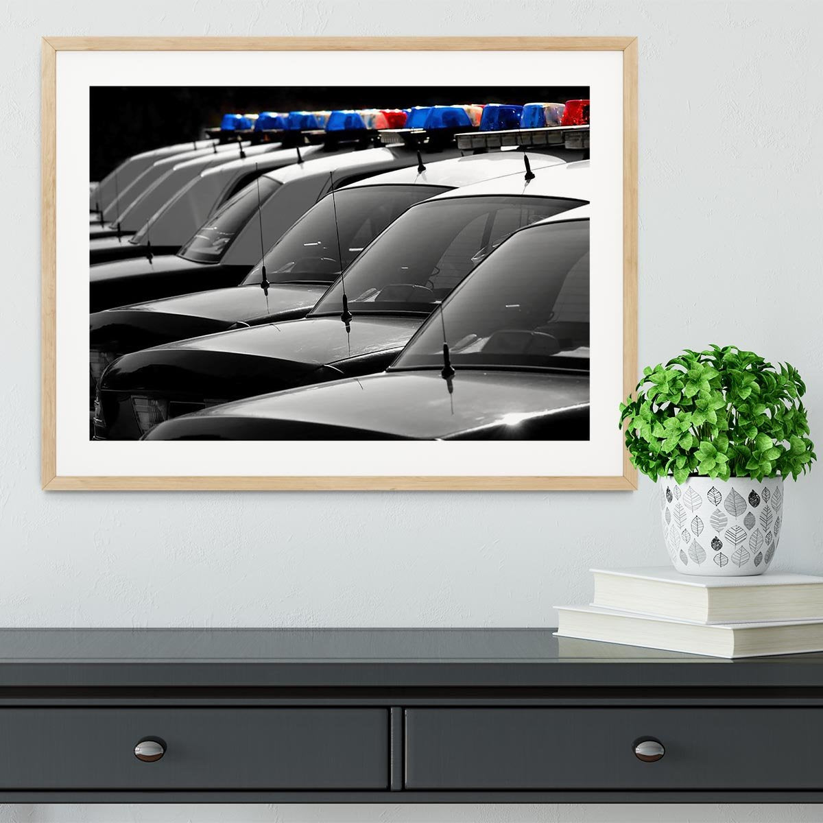 Row of Police Cars with Blue and Red Lights Framed Print - Canvas Art Rocks - 3