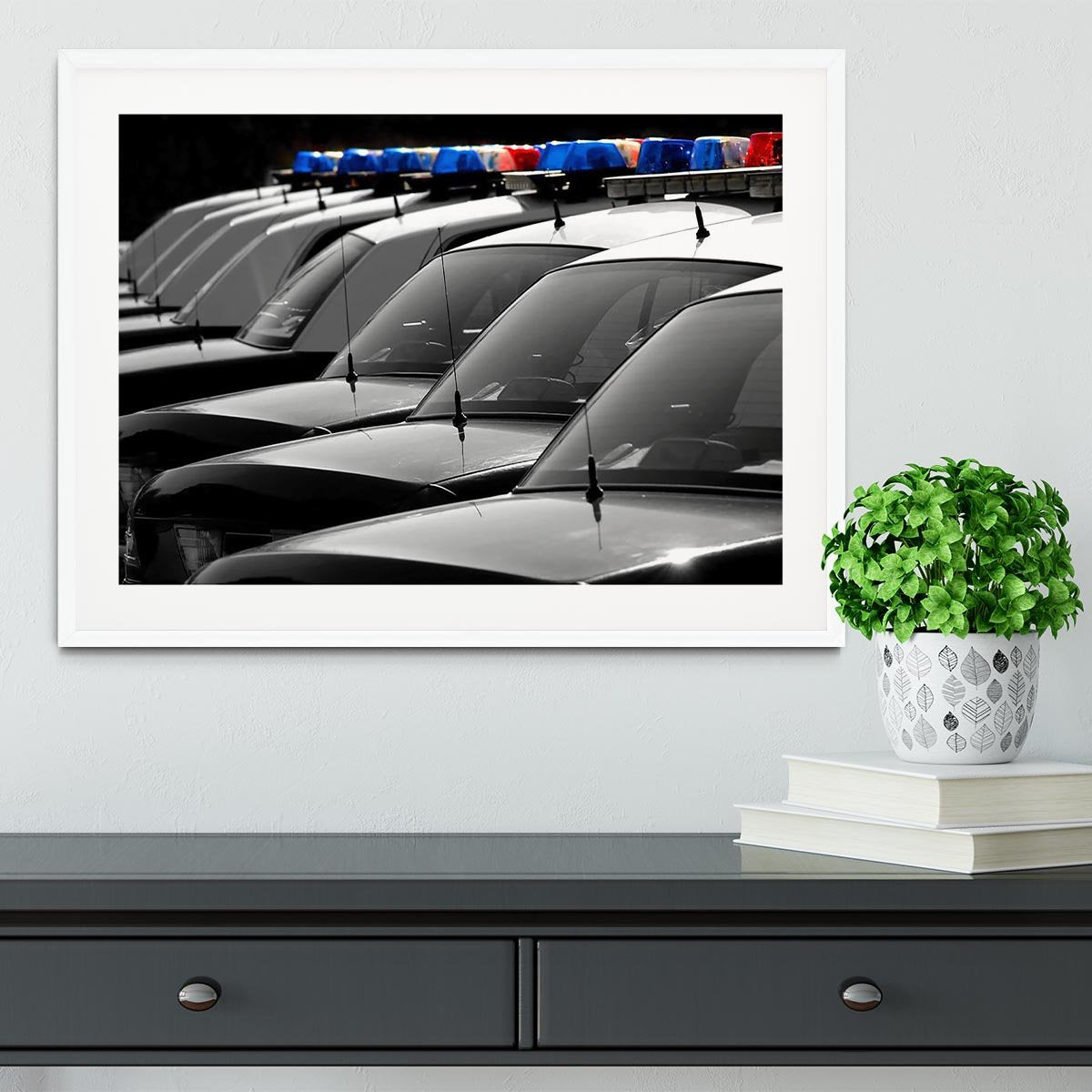 Row of Police Cars with Blue and Red Lights Framed Print - Canvas Art Rocks - 5