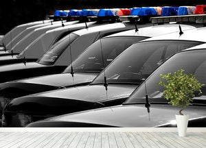 Row of Police Cars with Blue and Red Lights Wall Mural Wallpaper - Canvas Art Rocks - 4