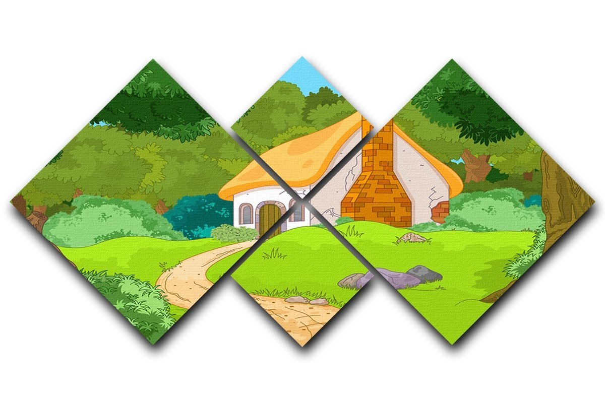 Rural Cartoon Forest Cabin Landscape 4 Square Multi Panel Canvas  - Canvas Art Rocks - 1