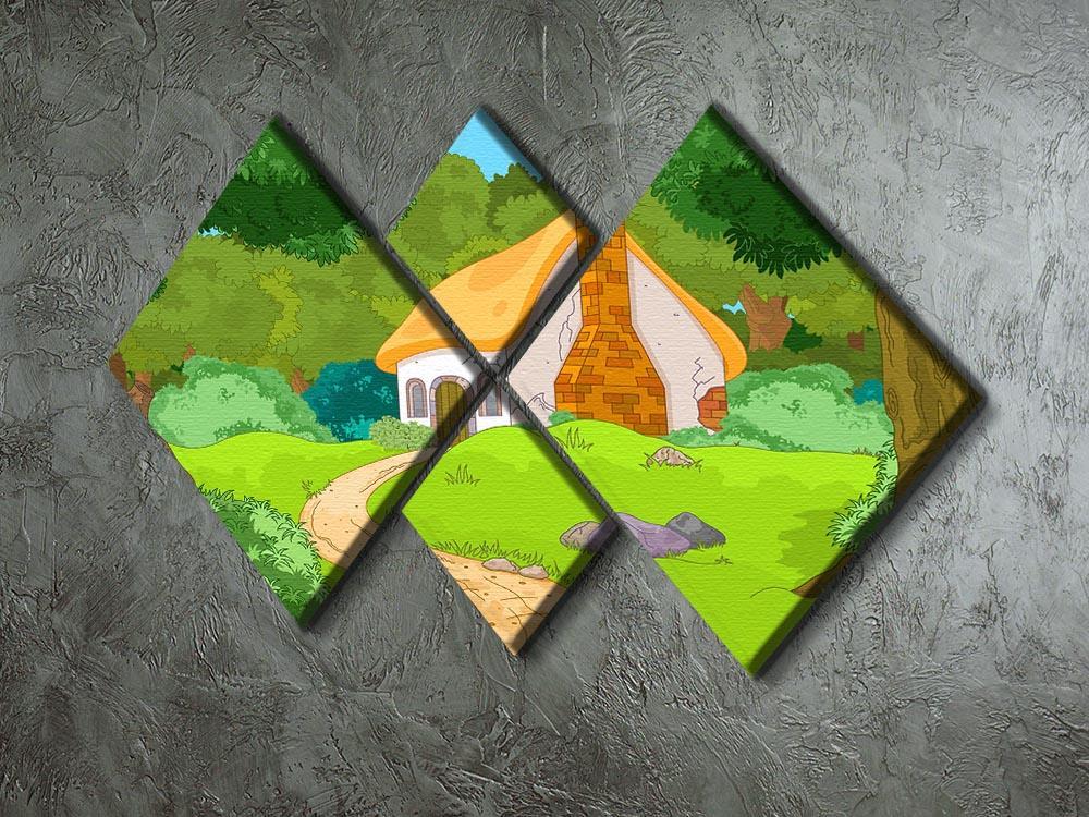 Rural Cartoon Forest Cabin Landscape 4 Square Multi Panel Canvas - Canvas Art Rocks - 2