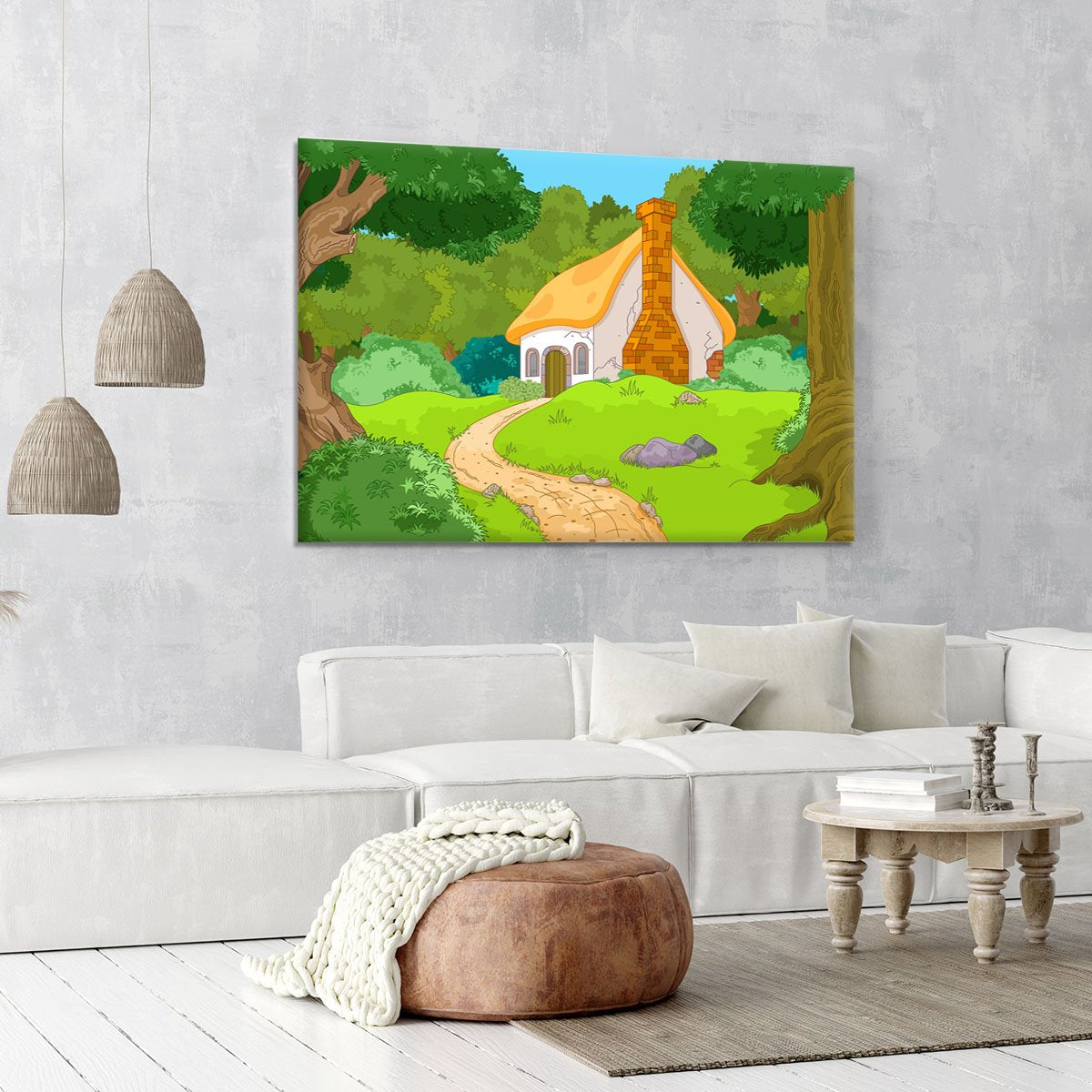 Rural Cartoon Forest Cabin Landscape Canvas Print or Poster