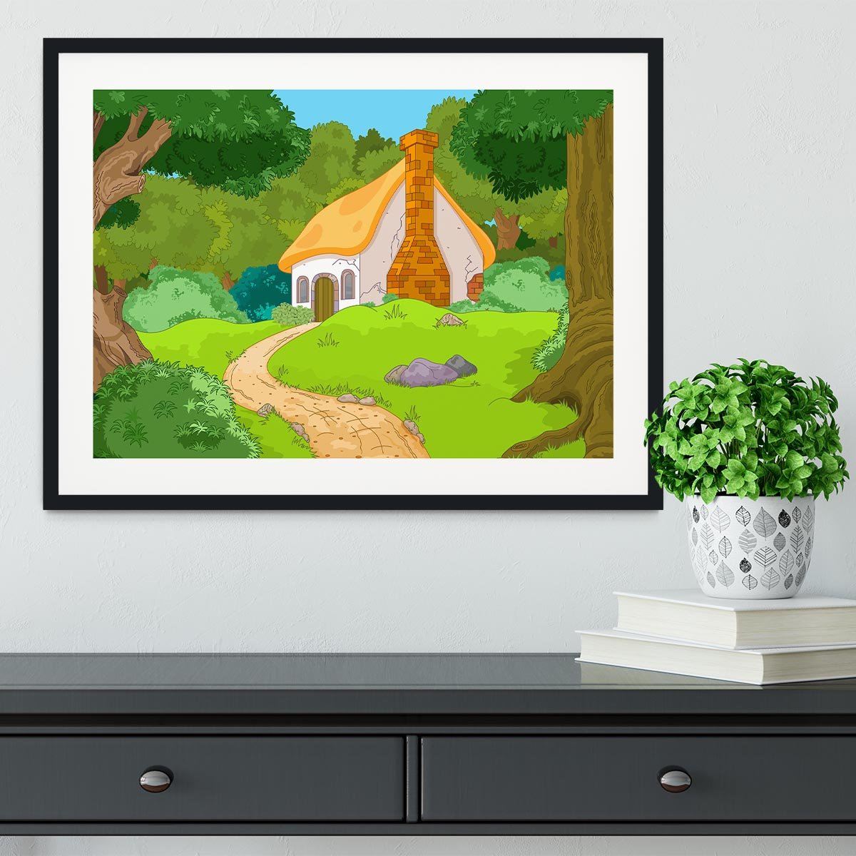 Rural Cartoon Forest Cabin Landscape Framed Print - Canvas Art Rocks - 1