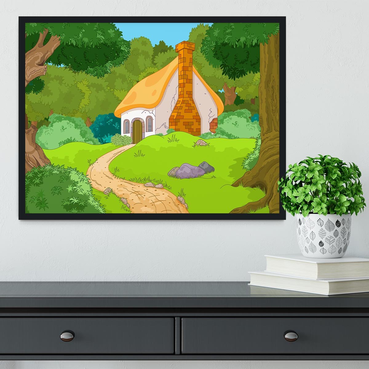 Rural Cartoon Forest Cabin Landscape Framed Print - Canvas Art Rocks - 2