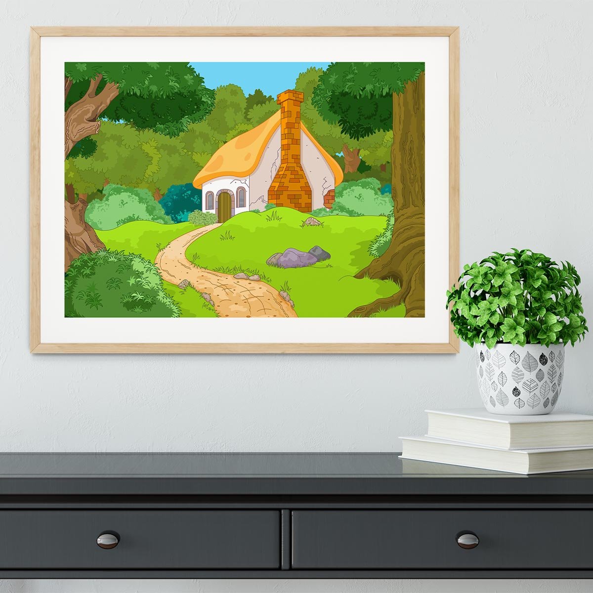 Rural Cartoon Forest Cabin Landscape Framed Print - Canvas Art Rocks - 3