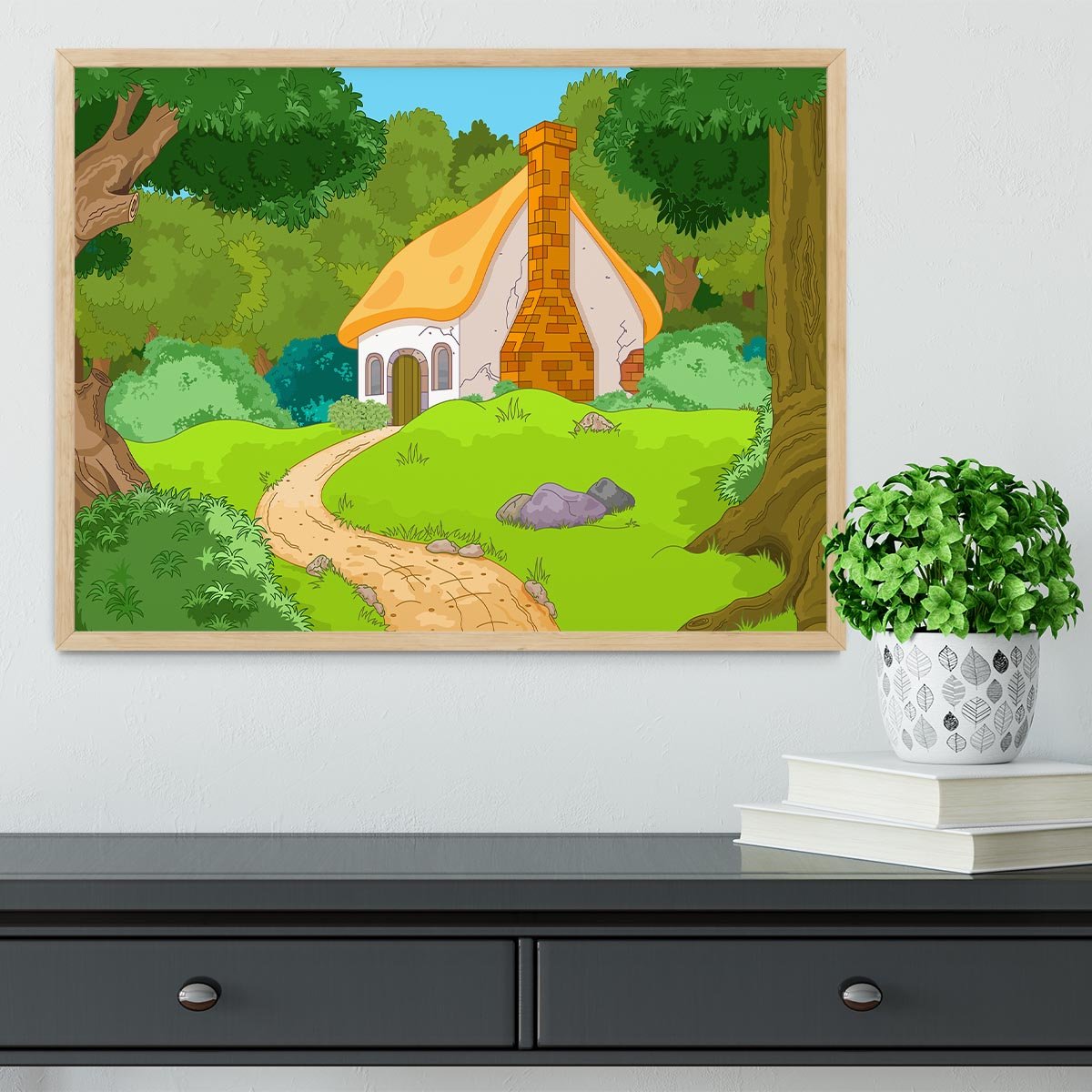 Rural Cartoon Forest Cabin Landscape Framed Print - Canvas Art Rocks - 4