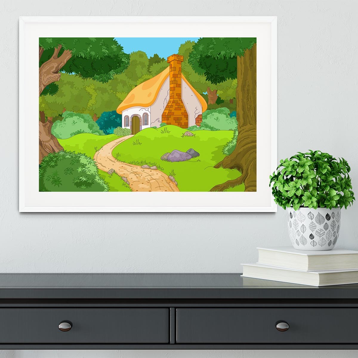Rural Cartoon Forest Cabin Landscape Framed Print - Canvas Art Rocks - 5