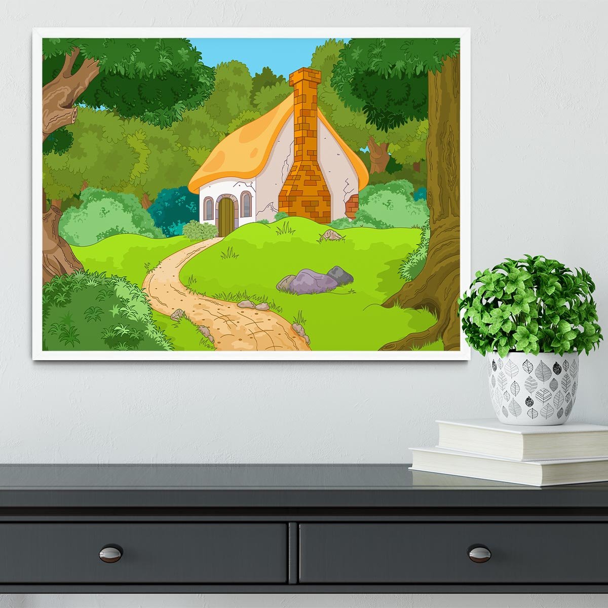 Rural Cartoon Forest Cabin Landscape Framed Print - Canvas Art Rocks -6