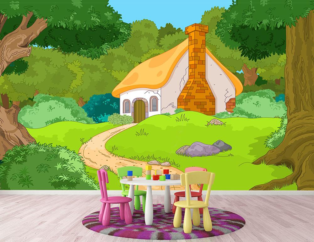 Rural Cartoon Forest Cabin Landscape Wall Mural Wallpaper - Canvas Art Rocks - 2