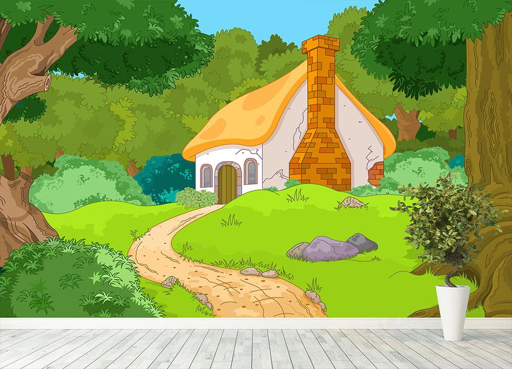 Rural Cartoon Forest Cabin Landscape Wall Mural Wallpaper - Canvas Art Rocks - 4