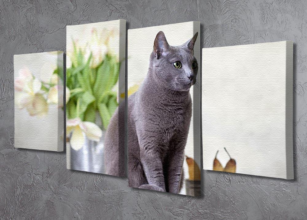 Russian Blue cat sitting on table with pears and tulips 4 Split Panel Canvas - Canvas Art Rocks - 2