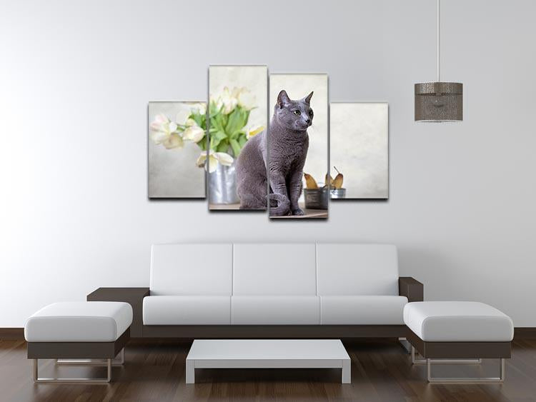 Russian Blue cat sitting on table with pears and tulips 4 Split Panel Canvas - Canvas Art Rocks - 3