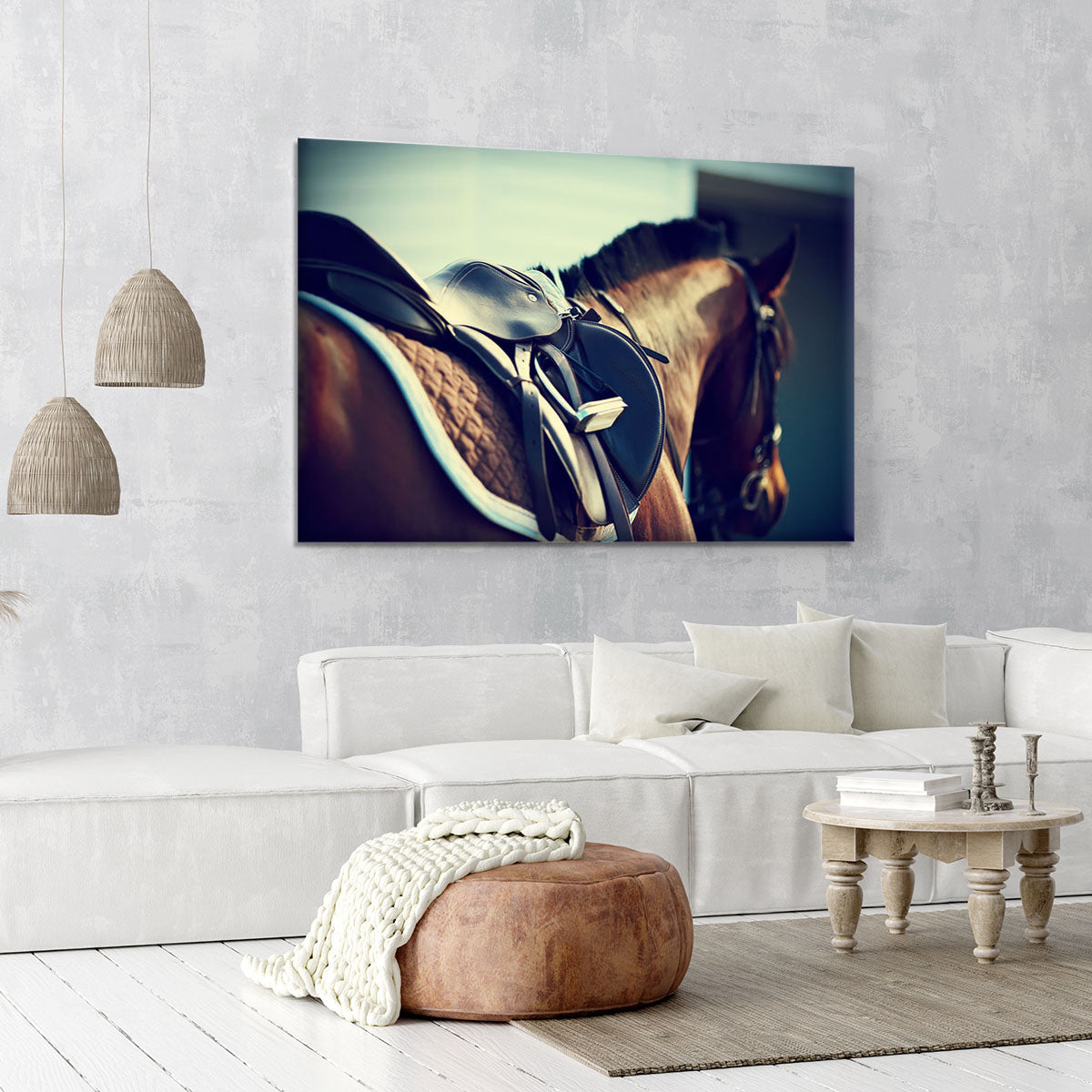 Saddle with stirrups on a back of a brown horse Canvas Print or Poster - Canvas Art Rocks - 6