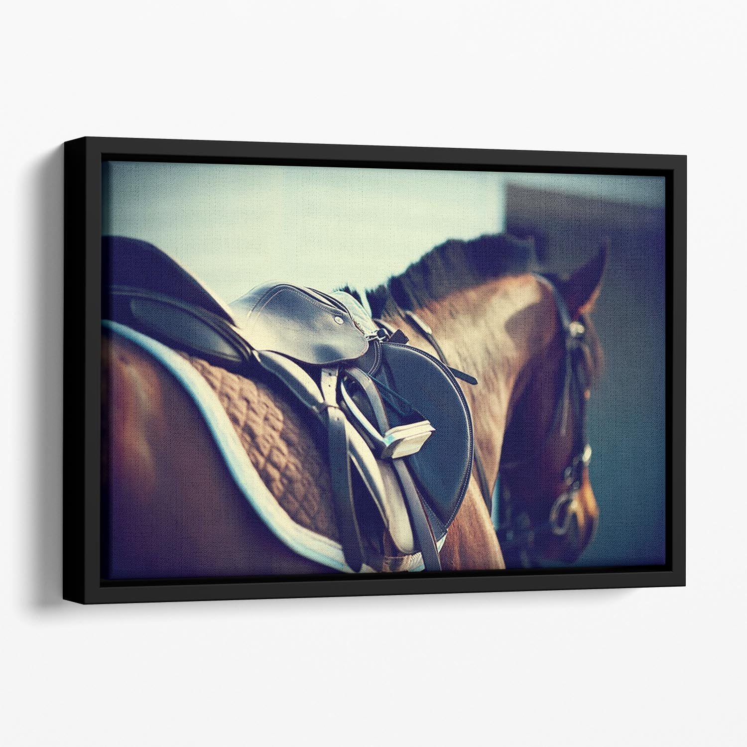 Saddle with stirrups on a back of a brown horse Floating Framed Canvas - Canvas Art Rocks - 1