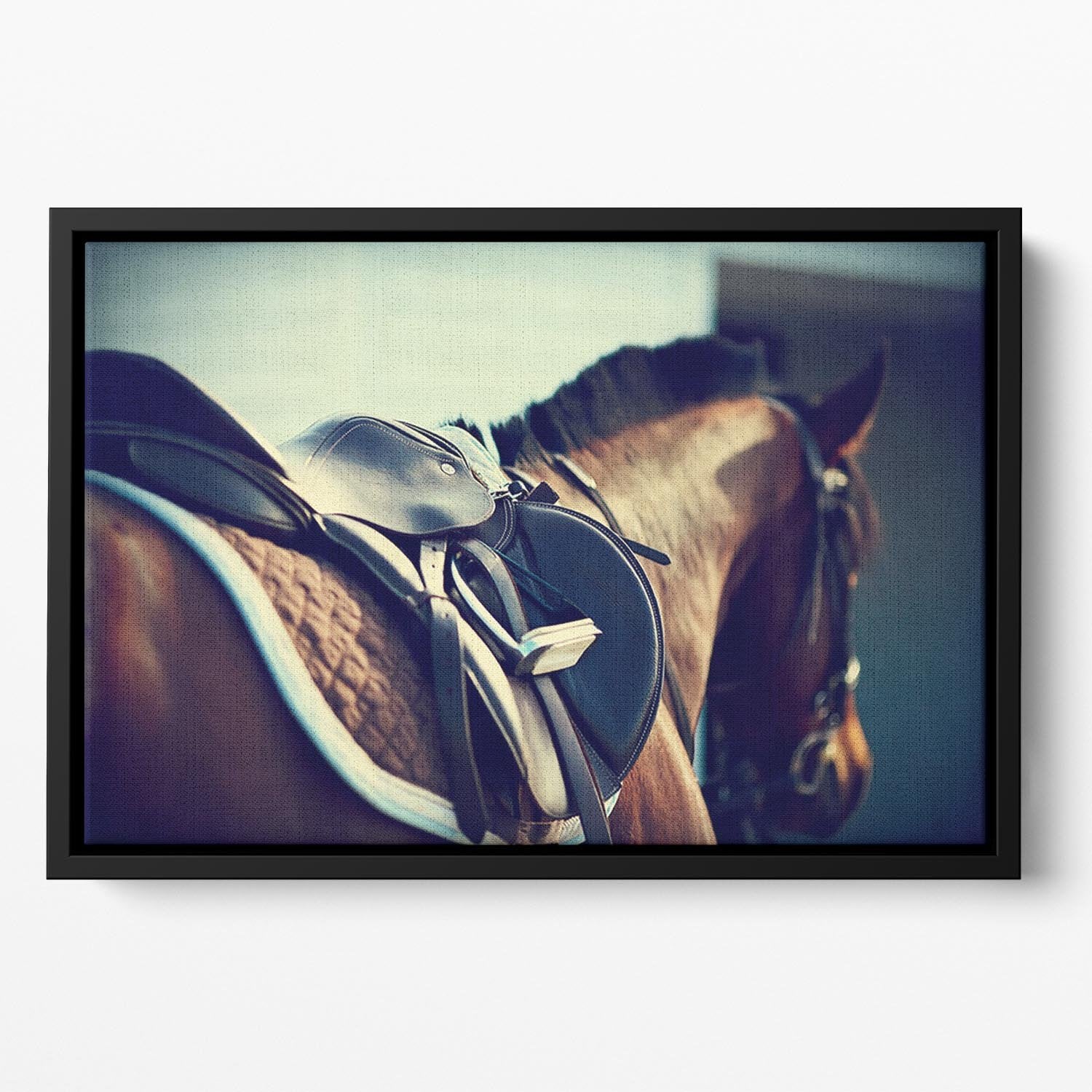 Saddle with stirrups on a back of a brown horse Floating Framed Canvas - Canvas Art Rocks - 2