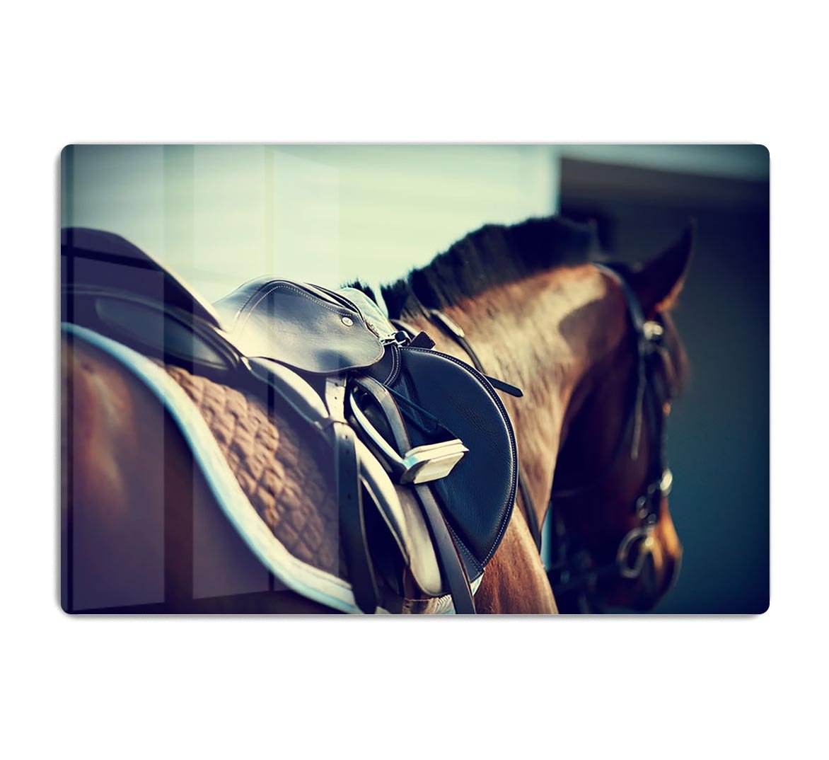 Saddle with stirrups on a back of a brown horse HD Metal Print - Canvas Art Rocks - 1