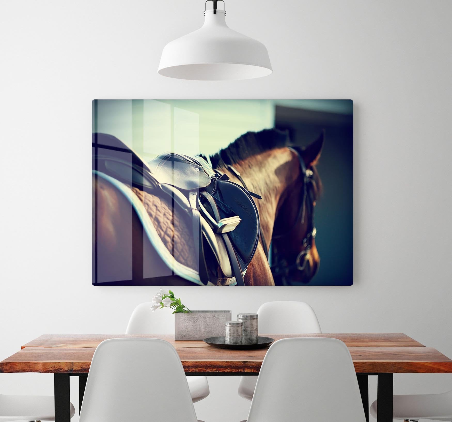 Saddle with stirrups on a back of a brown horse HD Metal Print - Canvas Art Rocks - 2