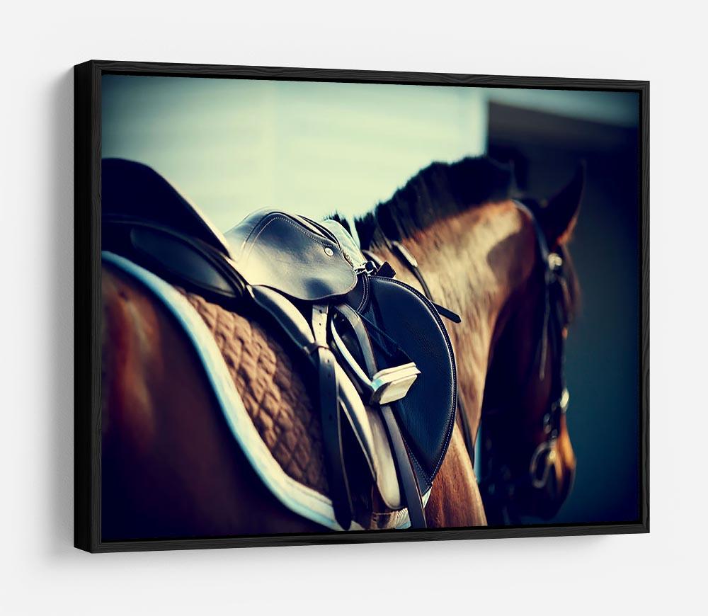 Saddle with stirrups on a back of a brown horse HD Metal Print - Canvas Art Rocks - 6