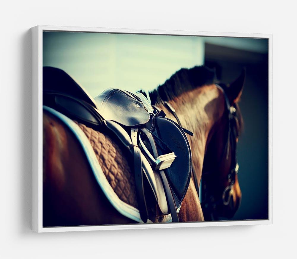 Saddle with stirrups on a back of a brown horse HD Metal Print - Canvas Art Rocks - 7