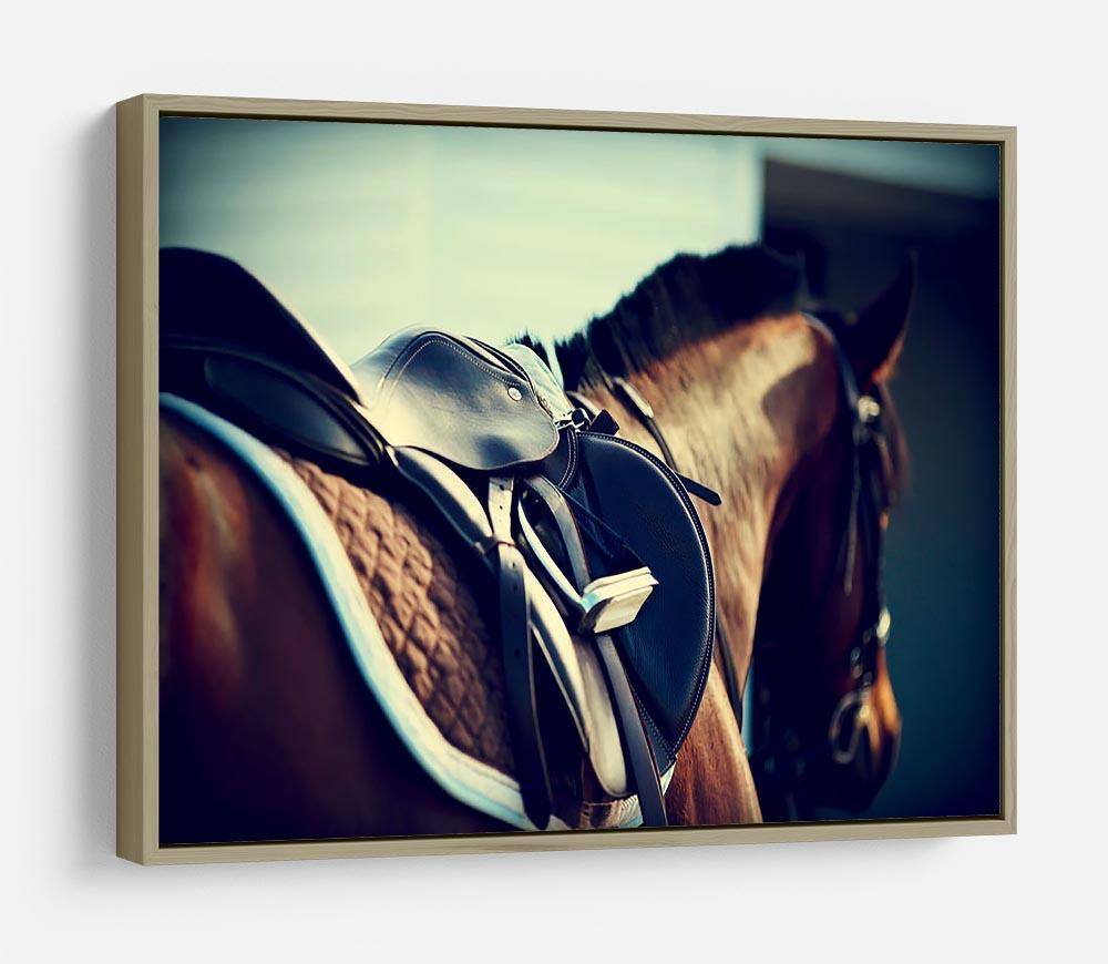 Saddle with stirrups on a back of a brown horse HD Metal Print - Canvas Art Rocks - 8