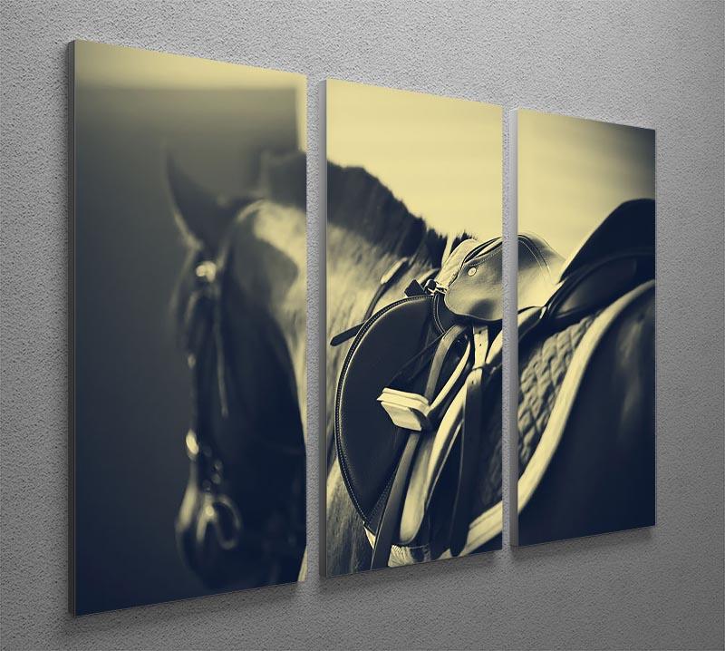 Saddle with stirrups on a back of a sport horse 3 Split Panel Canvas Print - Canvas Art Rocks - 2