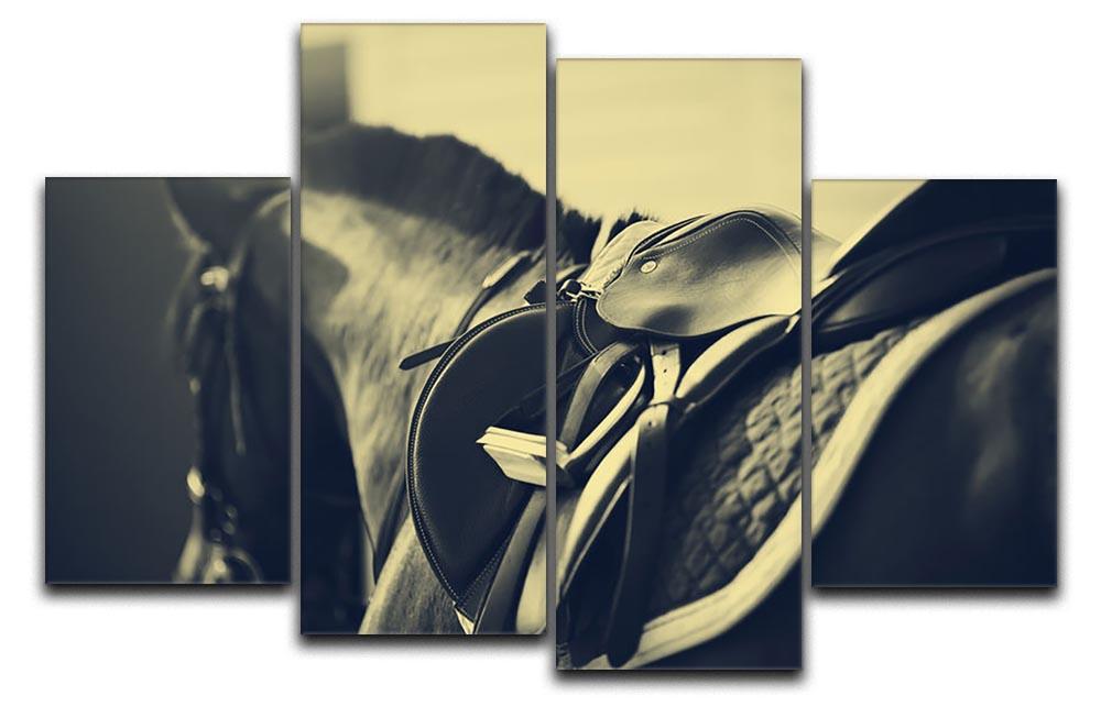 Saddle with stirrups on a back of a sport horse 4 Split Panel Canvas - Canvas Art Rocks - 1