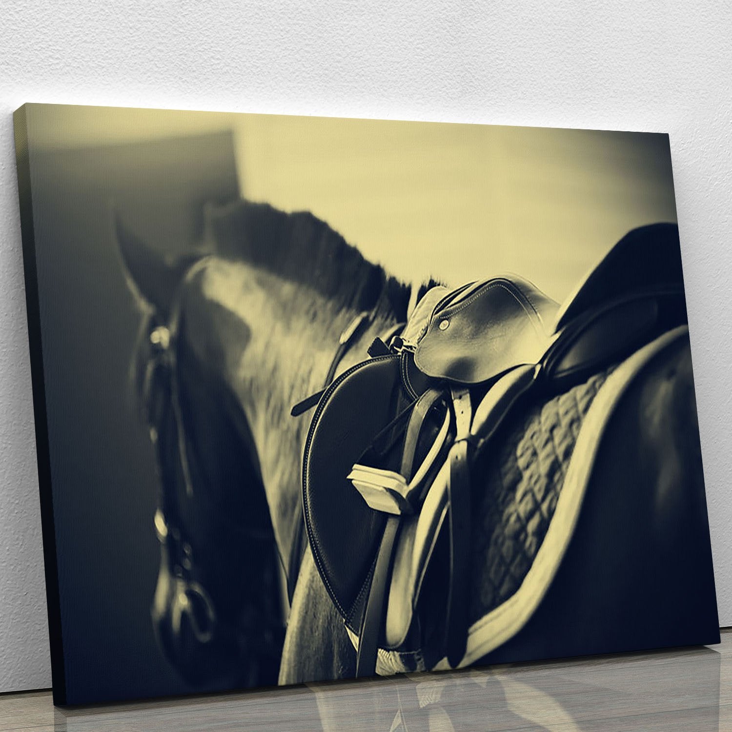 Saddle with stirrups on a back of a sport horse Canvas Print or Poster