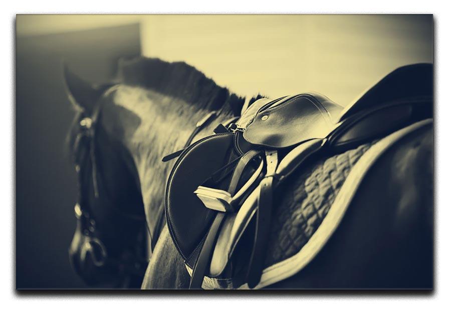 Saddle with stirrups on a back of a sport horse Canvas Print or Poster - Canvas Art Rocks - 1