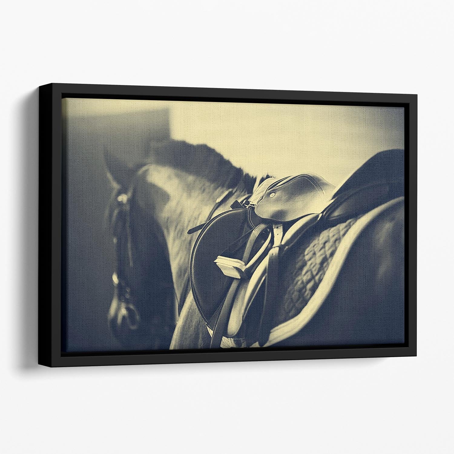 Saddle with stirrups on a back of a sport horse Floating Framed Canvas - Canvas Art Rocks - 1