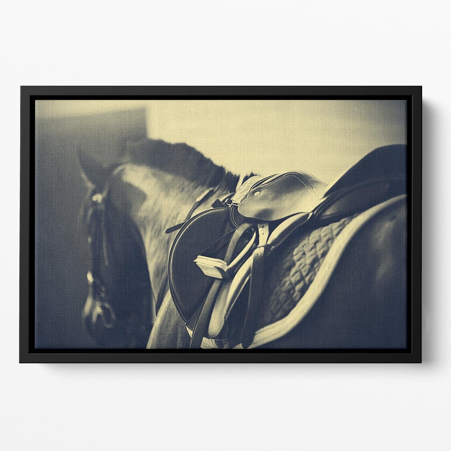 Saddle with stirrups on a back of a sport horse Floating Framed Canvas - Canvas Art Rocks - 2