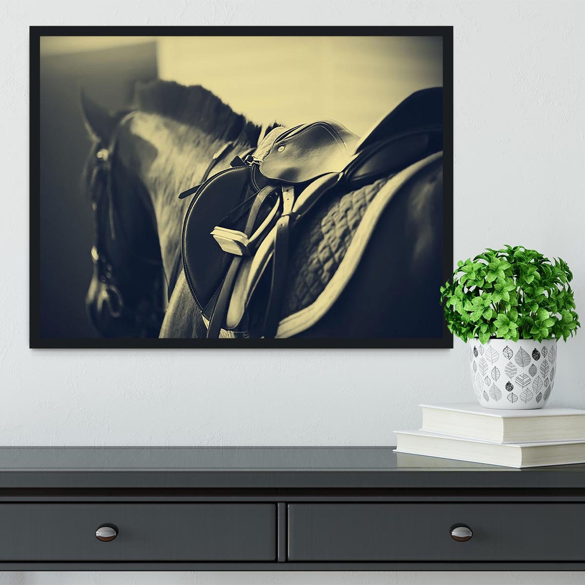 Saddle with stirrups on a back of a sport horse Framed Print - Canvas Art Rocks - 2