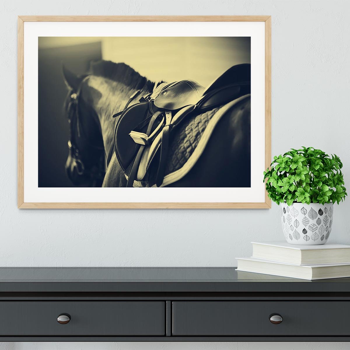 Saddle with stirrups on a back of a sport horse Framed Print - Canvas Art Rocks - 3