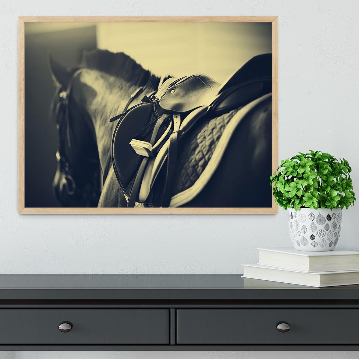 Saddle with stirrups on a back of a sport horse Framed Print - Canvas Art Rocks - 4