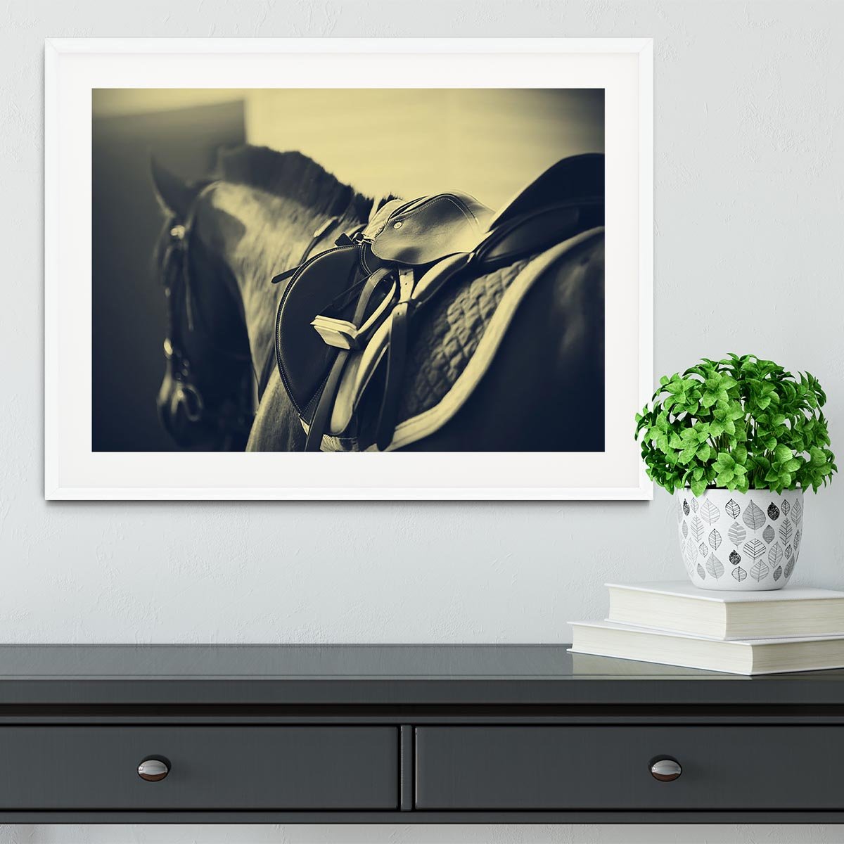 Saddle with stirrups on a back of a sport horse Framed Print - Canvas Art Rocks - 5