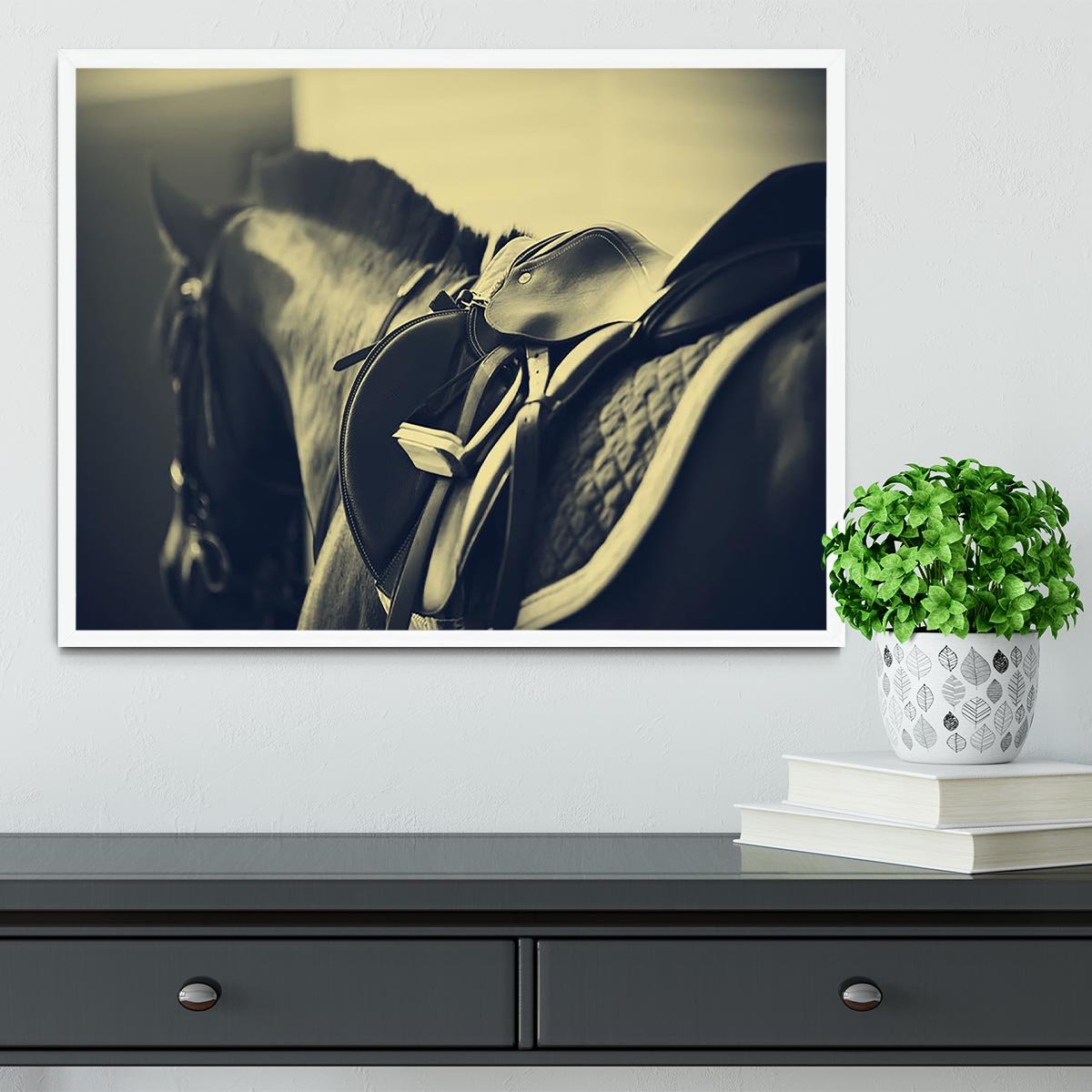 Saddle with stirrups on a back of a sport horse Framed Print - Canvas Art Rocks -6