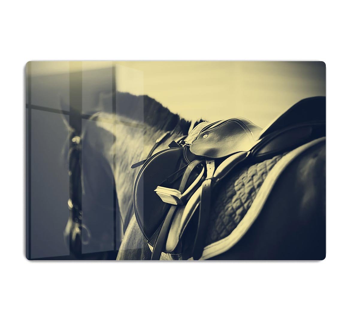 Saddle with stirrups on a back of a sport horse HD Metal Print - Canvas Art Rocks - 1