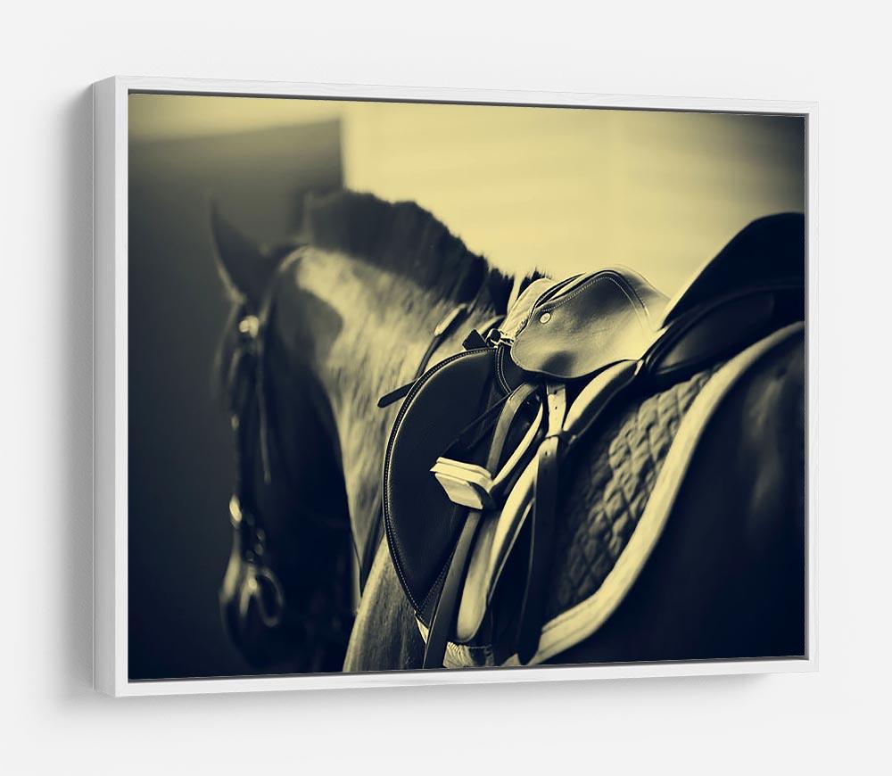 Saddle with stirrups on a back of a sport horse HD Metal Print - Canvas Art Rocks - 7