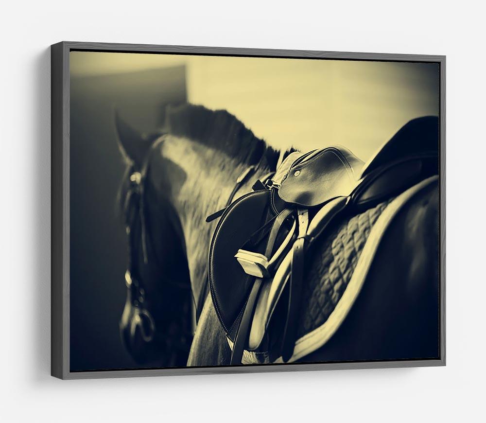 Saddle with stirrups on a back of a sport horse HD Metal Print - Canvas Art Rocks - 9