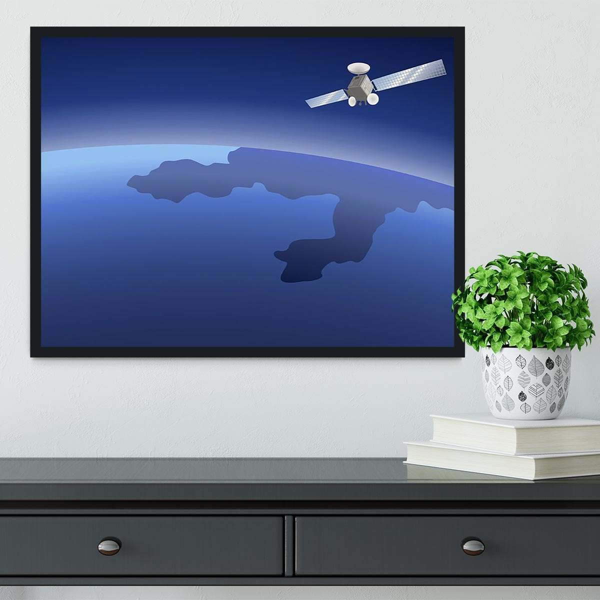 Satellite orbiting around the planet through the space Framed Print - Canvas Art Rocks - 2