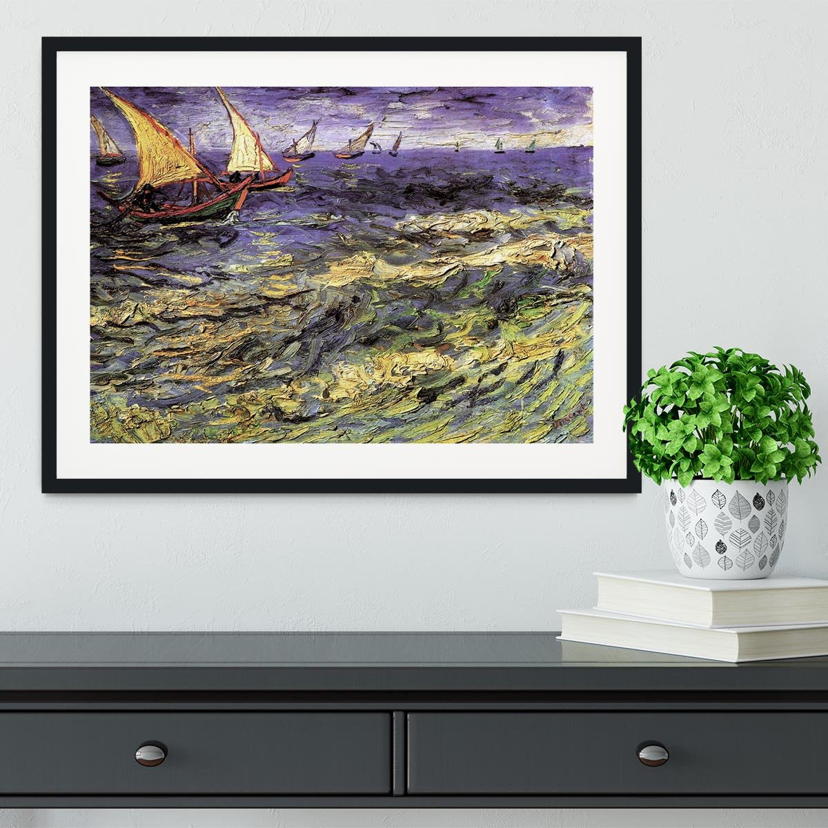 Seascape at Saintes-Maries by Van Gogh Framed Print - Canvas Art Rocks - 1